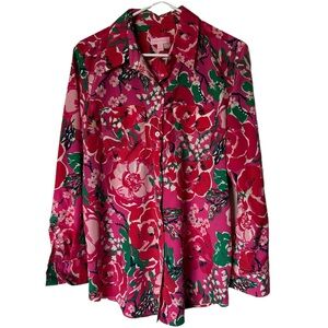 Lilly Pulitzer Pink Floral Button Down Collar Long Sleeve Blouse Top Shirt Med